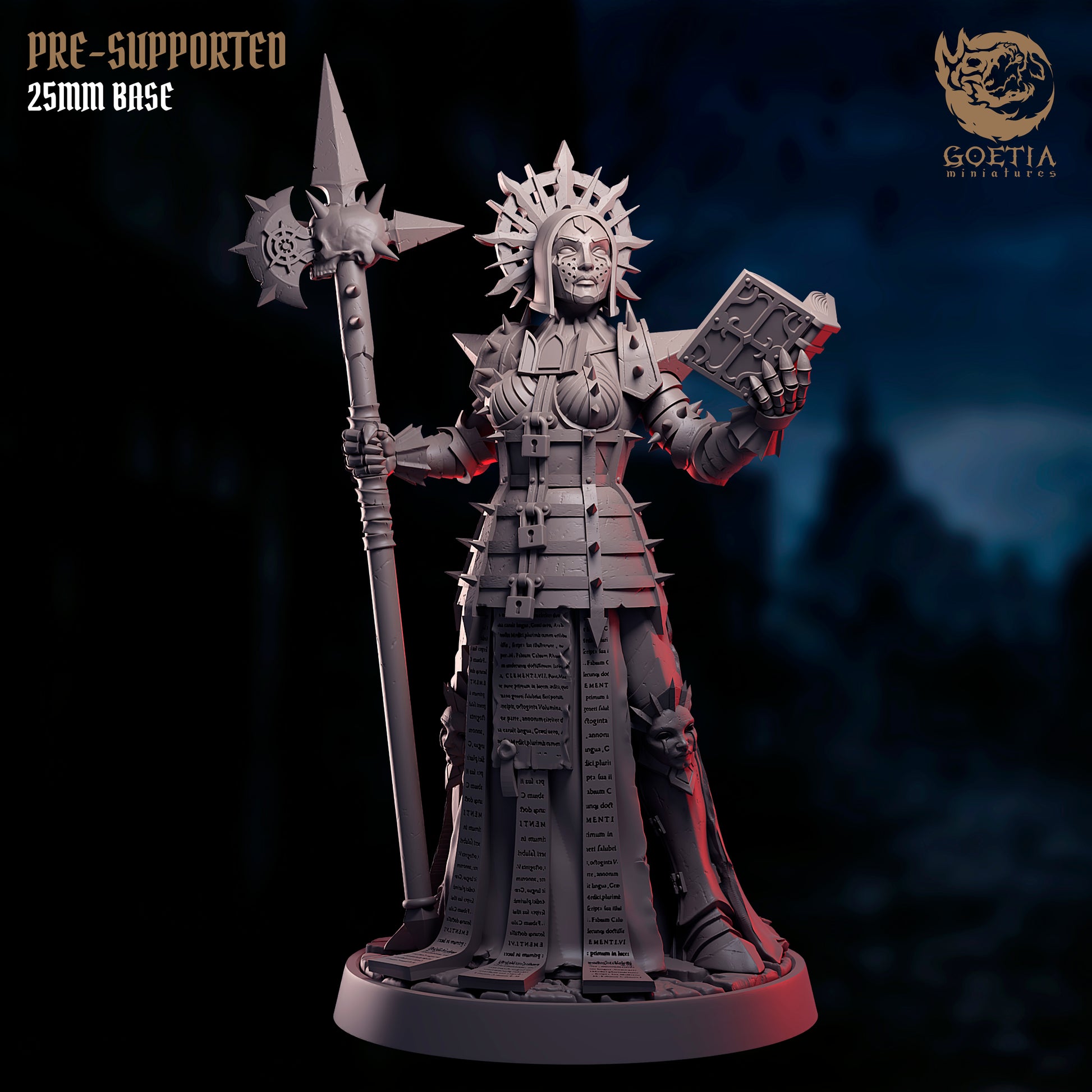 Lady Atena construct miniature depicting a sentient arcane construct with layered ritual plates, lock-sealed armor panels, masked face, spiked halo crown, holding a staff and inscribed tome, upright commanding stance on a round base, dark fantasy Dungeons and Dragons monster miniature from Skirmish Blood in Phaldar