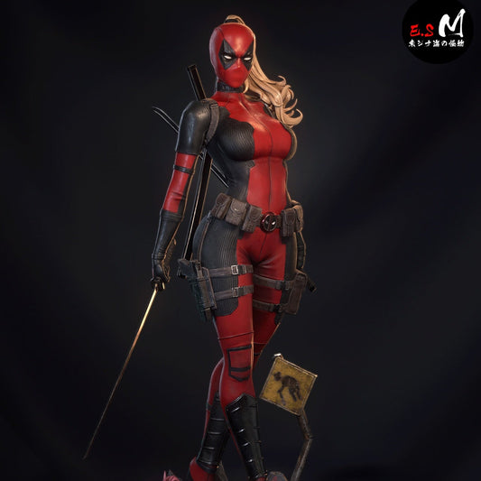 Lady Deadpool 1:6 scale painted figure masked version with full suit torso, tactical gear, katana in hand, detailed boots, and small creature on rocky base with warning sign.