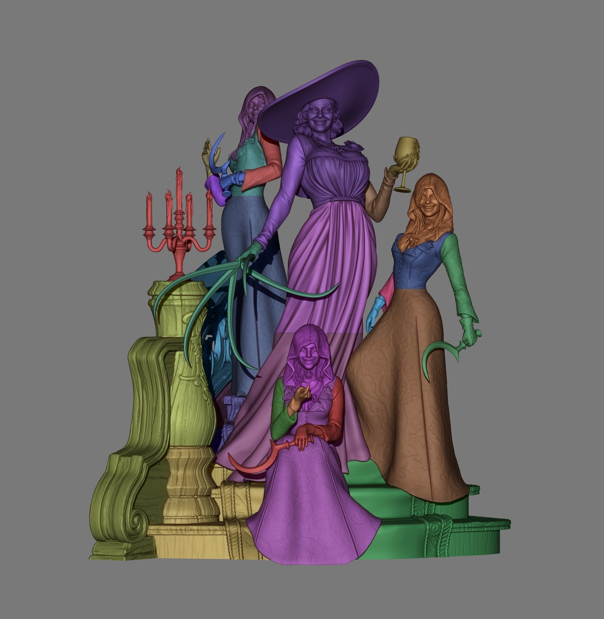 Lady Dimitrescu and Sisters Resident Evil multi-figure statue ZBrush color segmentation showing individual components, clothing layers, weapons, and staircase parts.