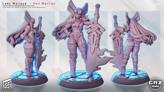 Lady Majique unpainted sculpt collage — three angles showing sword detail, armor plating, and long flowing hair.