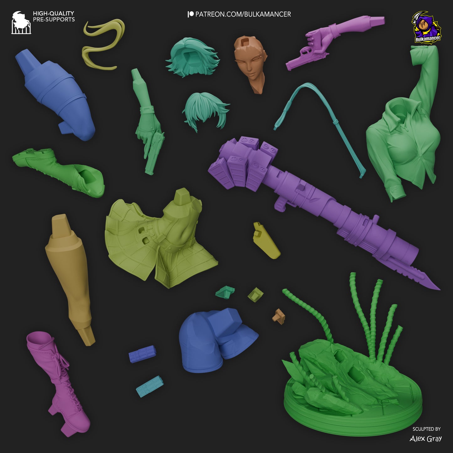 Color-coded exploded view showing Lady’s 25+ modular parts including weapons, limbs, skirt, hair, and base components.