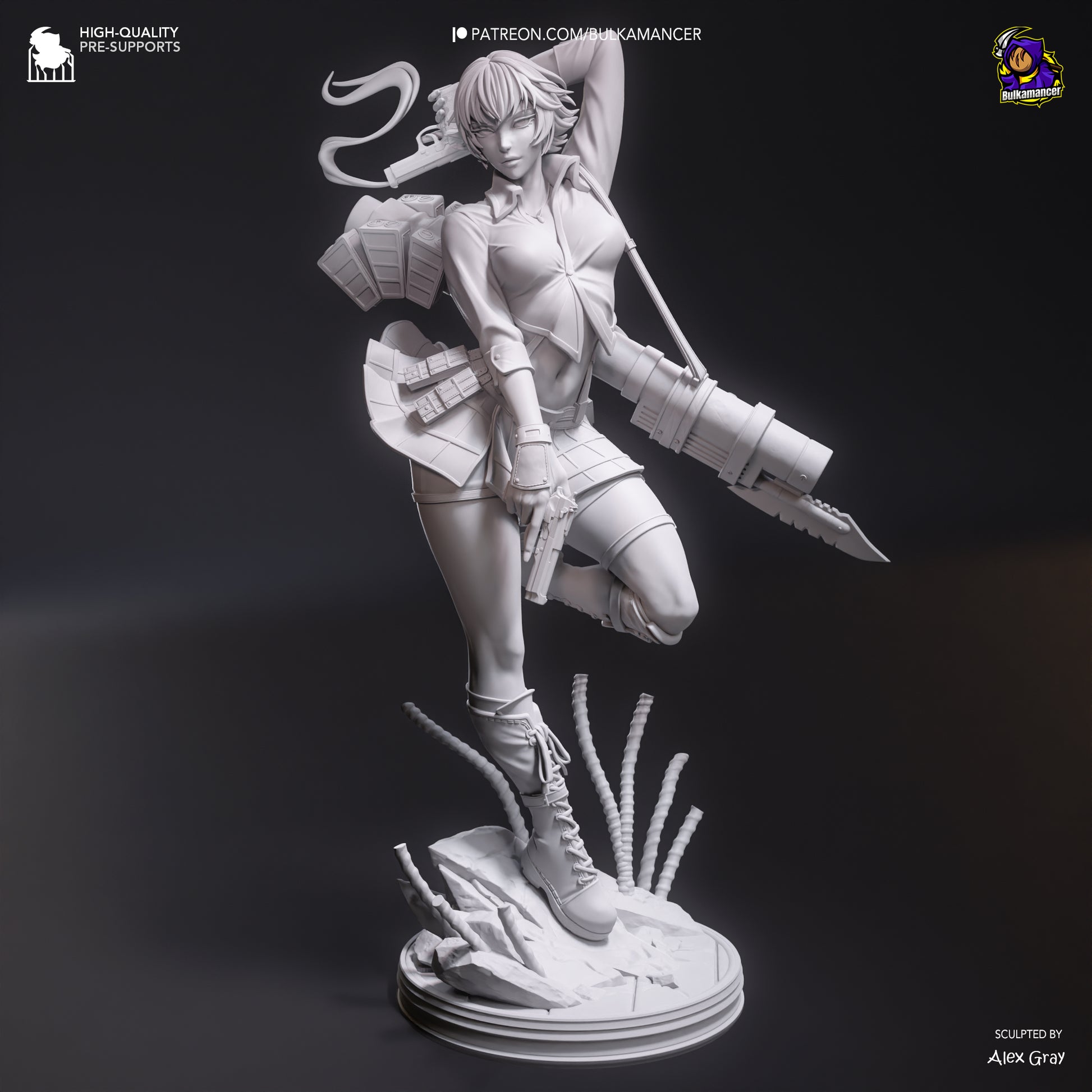 Front view of unpainted Lady figure in mid-stride pose, holding pistol and massive launcher, standing on tentacle-littered rubble.