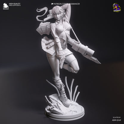 Front view of unpainted Lady figure in mid-stride pose, holding pistol and massive launcher, standing on tentacle-littered rubble.