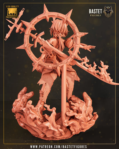 Laevatain resin statue back view mechanical halo ring weapon detail Arknights Endfield collectible
