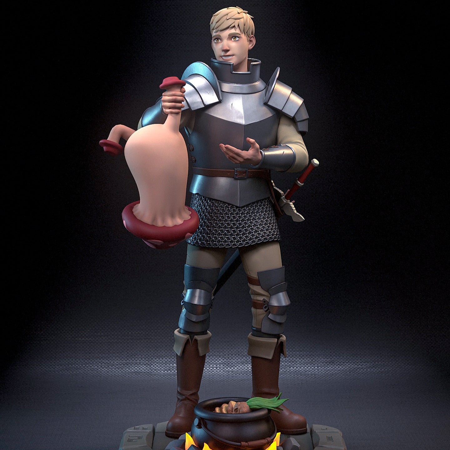 Colored render front view of Laios in armor, smiling while explaining mushroom monster over a lit cauldron.