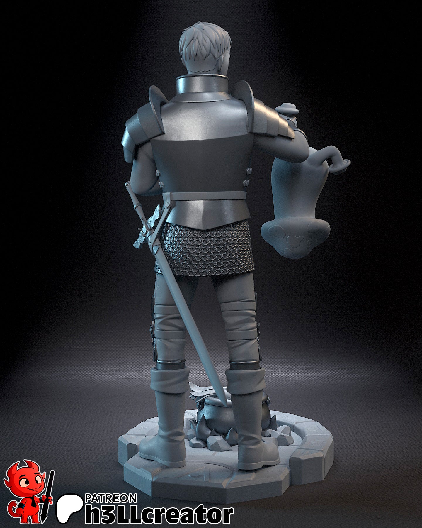 Rear view of the Laios figure showing detailed armor, chainmail, sword on back, and base stones around the cauldron.