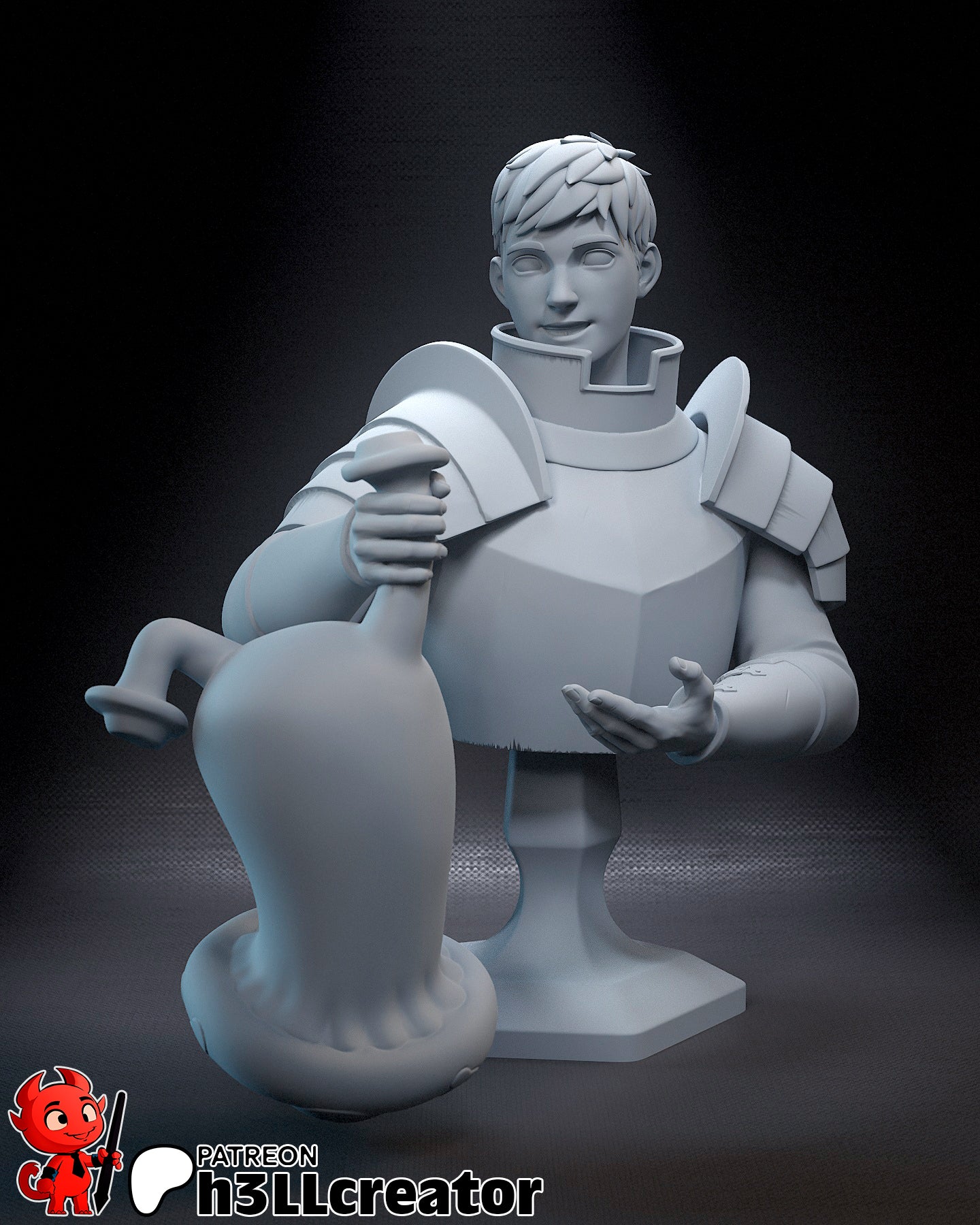 Bust version of Laios figure unpainted, showing upper torso with mushroom monster in hand and light smile.