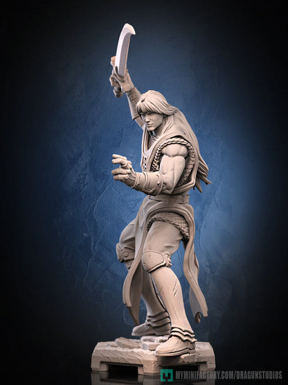 Lancelot inspired miniature front render showing a knight in chainmail and tabard, wielding a curved sword overhead with dynamic forward stance on a stone base; ideal for fantasy tabletop RPGs.