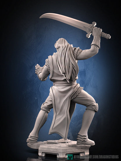 Lancelot inspired miniature rear render showing long flowing hair, chainmail, tabard, layered armor, and raised sword, posed on a stone textured base; suitable for D&D and Pathfinder campaigns.