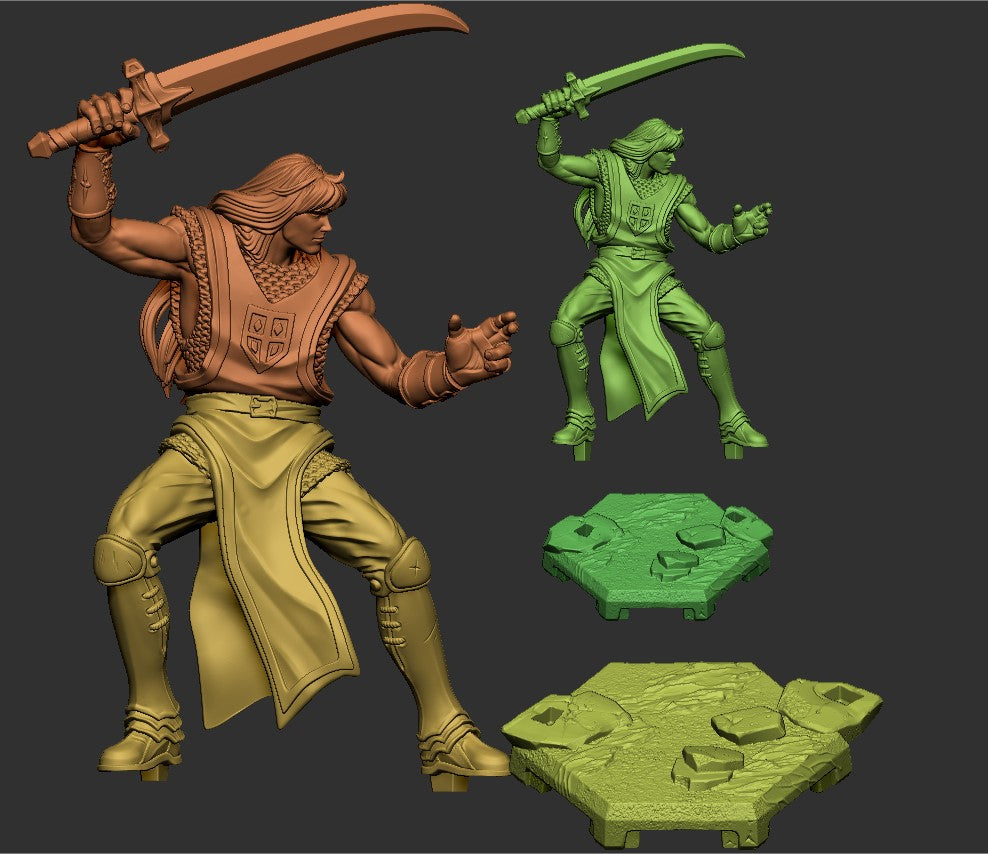 Lancelot inspired miniature parts layout showing upper body, lower body, curved sword, and stone base components; modular fantasy knight model compatible with Dungeons and Dragons and Pathfinder.