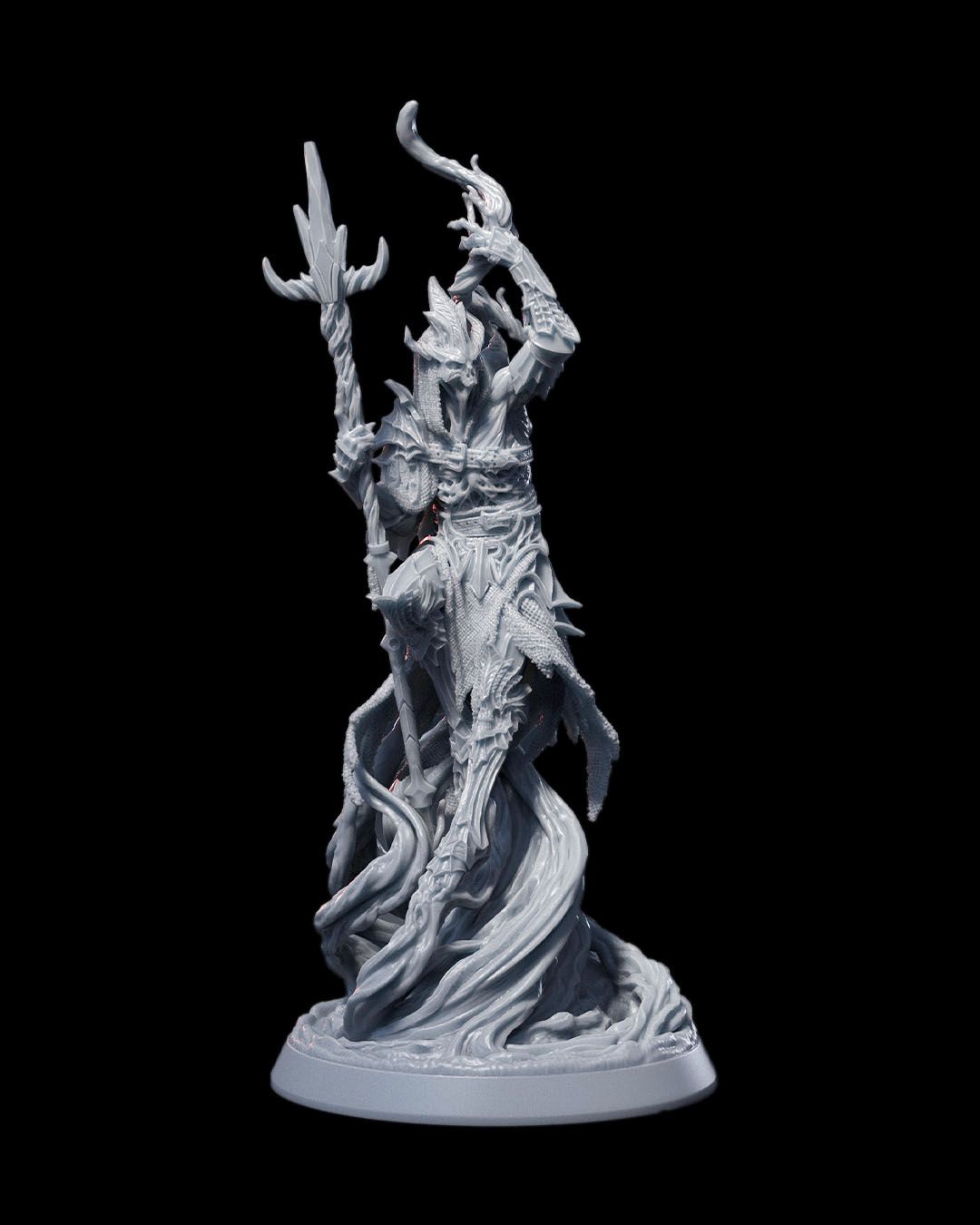 A highly detailed miniature of Largoth, a spectral warrior clad in ornate, tattered armor, raising a twisted staff with a ghostly wisp swirling around his form, set on a textured base.