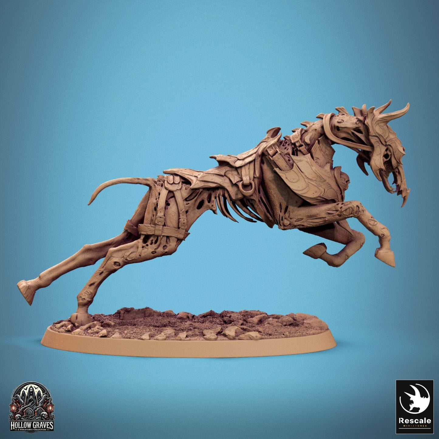 An undead horse jumping over a barrier, showing a dexterous figure for sinister RPG campaigns.