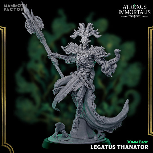 Legatus Thanator undead general miniature with ornate armor, cape, and polearm on 30mm base