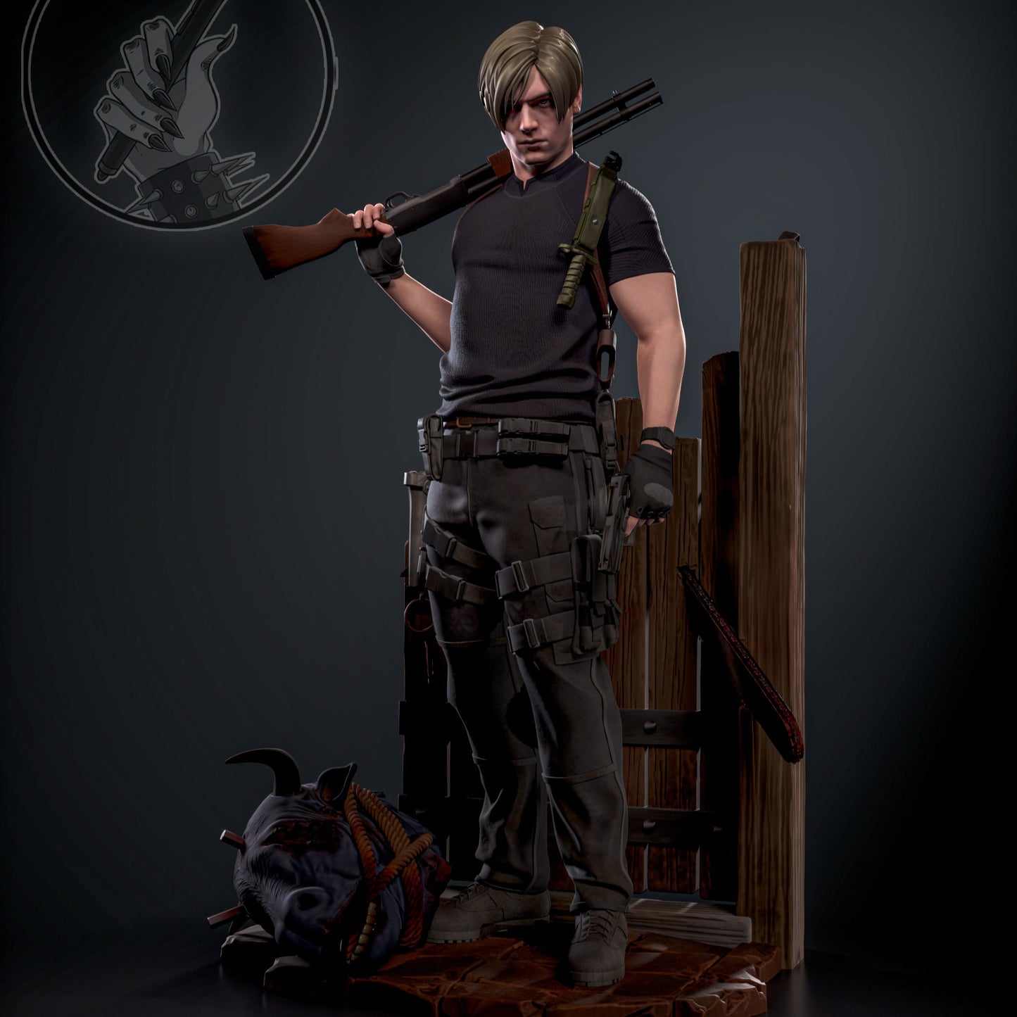 Fully painted Leon in tactical black with wooden barricade background and Ganado trophy.

