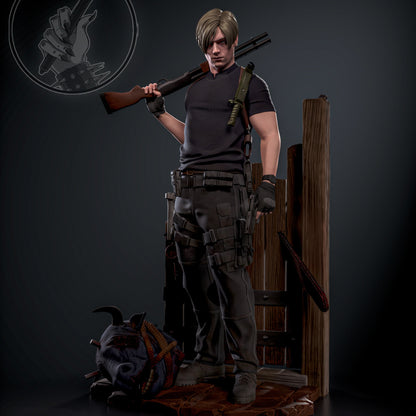 Fully painted Leon in tactical black with wooden barricade background and Ganado trophy.

