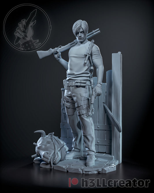 Front grayscale shot of Leon in tactical gear, standing on cracked stone with Ganado head at his feet and machete at his side.