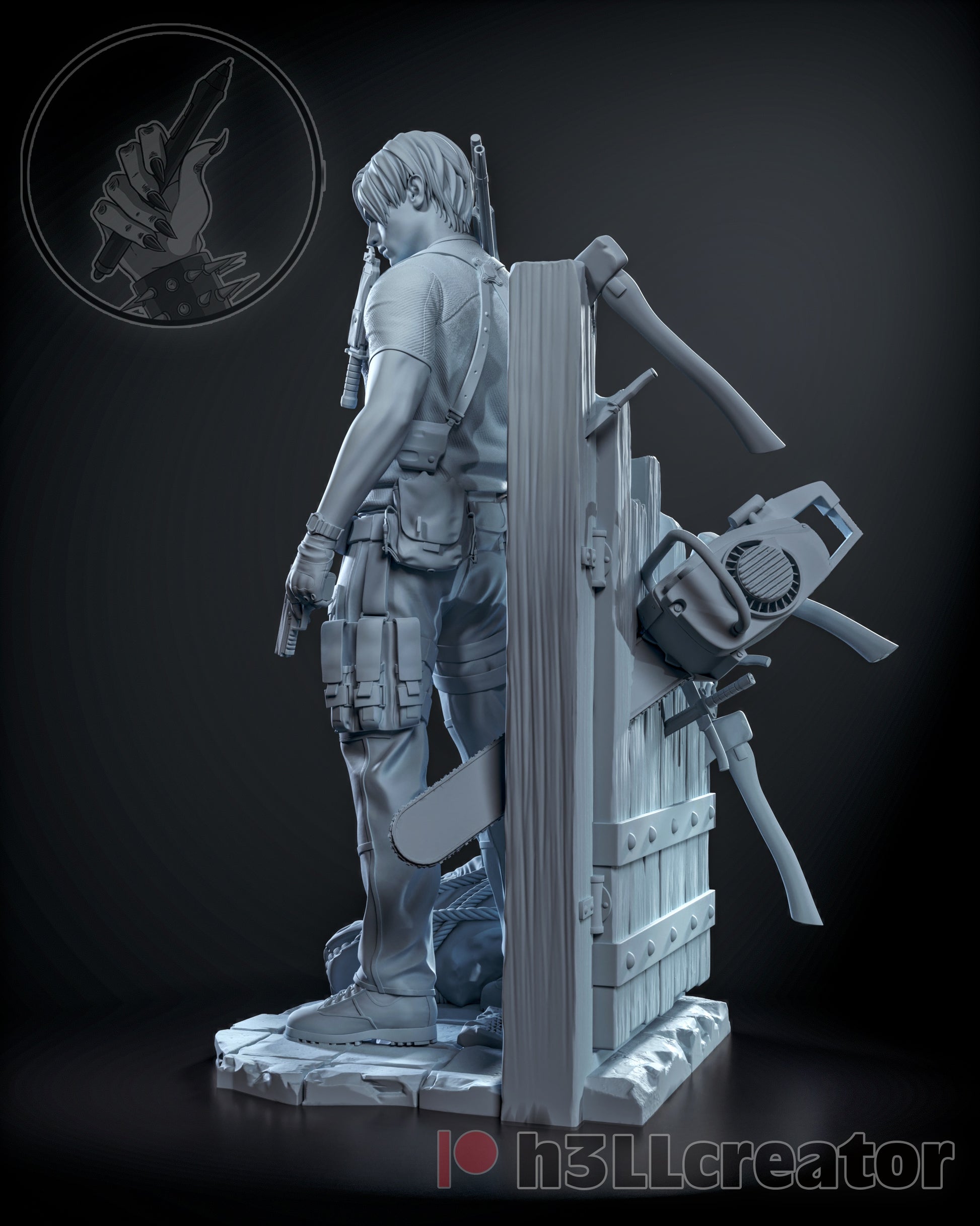 Side angle showing Leon’s utility gear, barricade wall with attached chainsaw, axes, and rope.