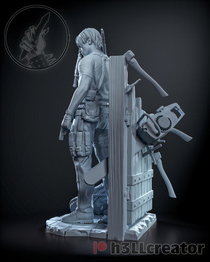 Side angle showing Leon’s utility gear, barricade wall with attached chainsaw, axes, and rope.