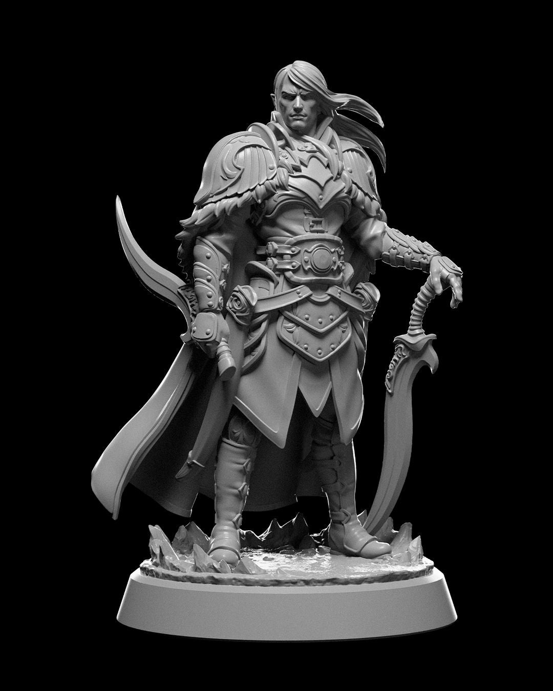 Levin, Dark Elf Fighter standing in full armor, holding two swords, with a flowing cape behind him on a rocky base.