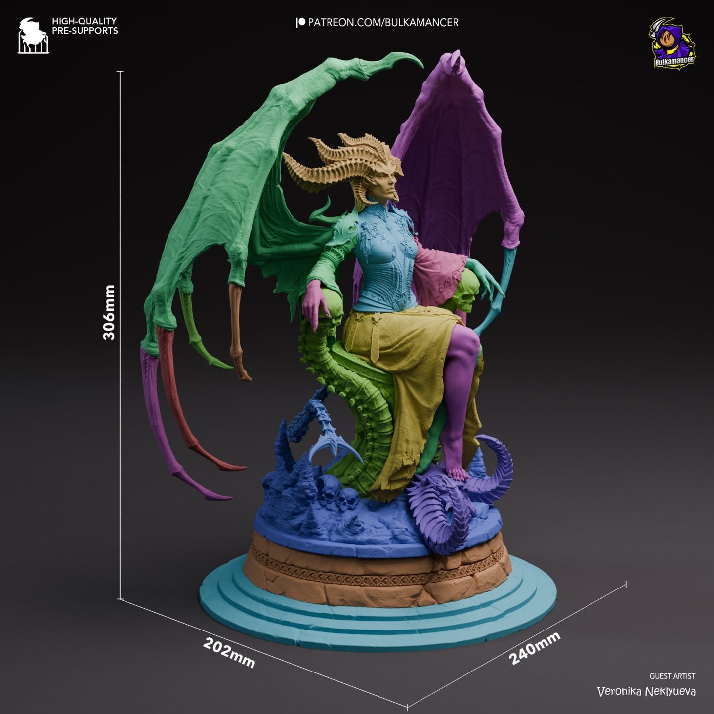 Dimensions image of the Lilith collectible figurine, showcasing measurements and intricate sculpted details.