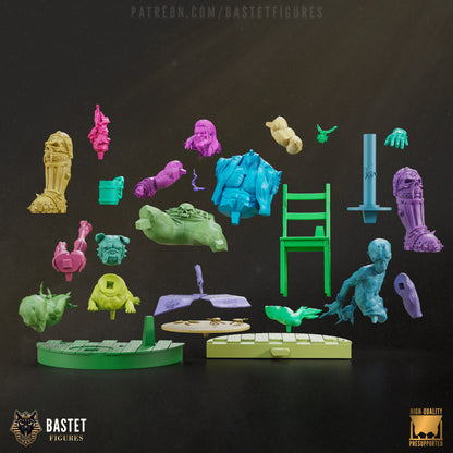 All 25 modular parts of the full-size Lobo figure including heads, limbs, weapons, accessories, and terrain base.