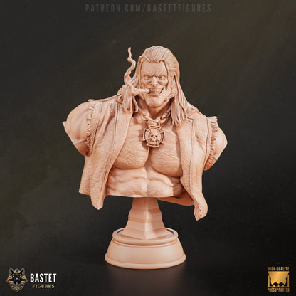 Bust of Lobo with cigar and chain, muscular torso and wild hair, modeled with snarl expression and open vest.