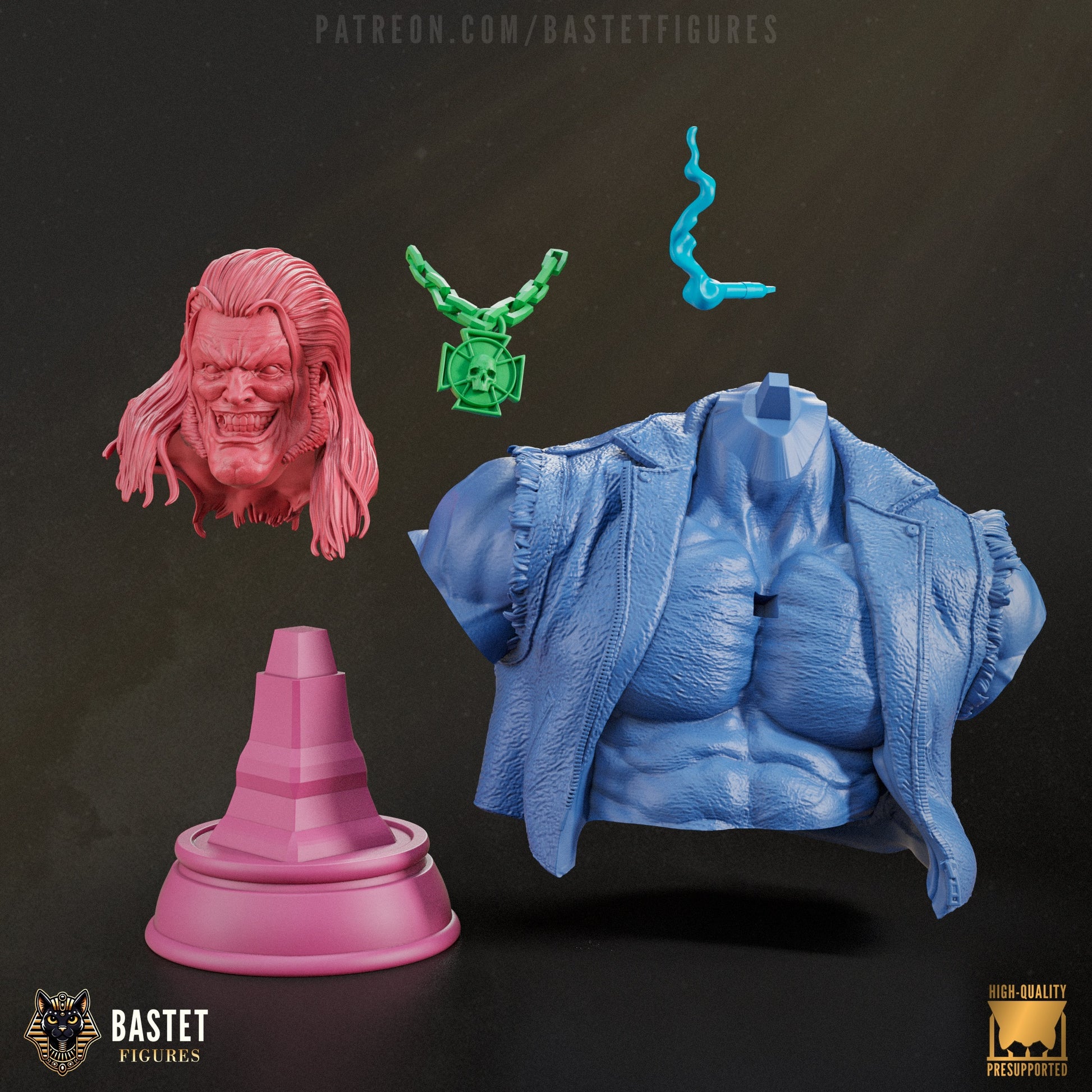 Exploded view of Lobo bust parts including head, necklace, smoke, torso, and base in separate colored parts.