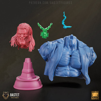 Exploded view of Lobo bust parts including head, necklace, smoke, torso, and base in separate colored parts.