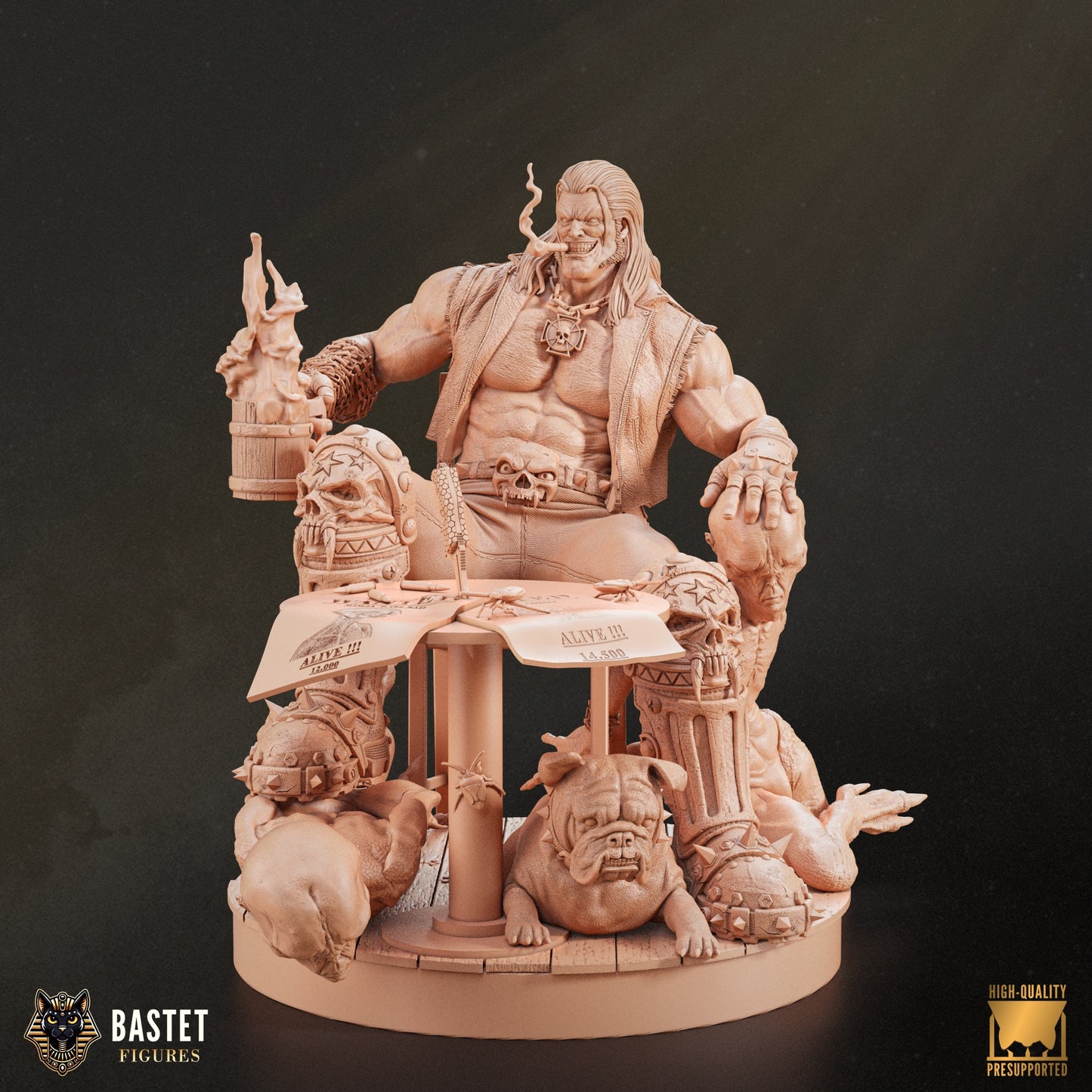 Clay render of Lobo seated with cigar, mug, and detailed sculpting of torso and clothing.