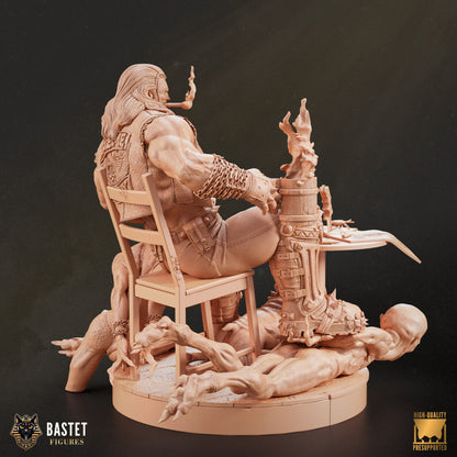 Rear angle of clay Lobo figure showing chair, back muscles, and large enemy corpse beneath him.