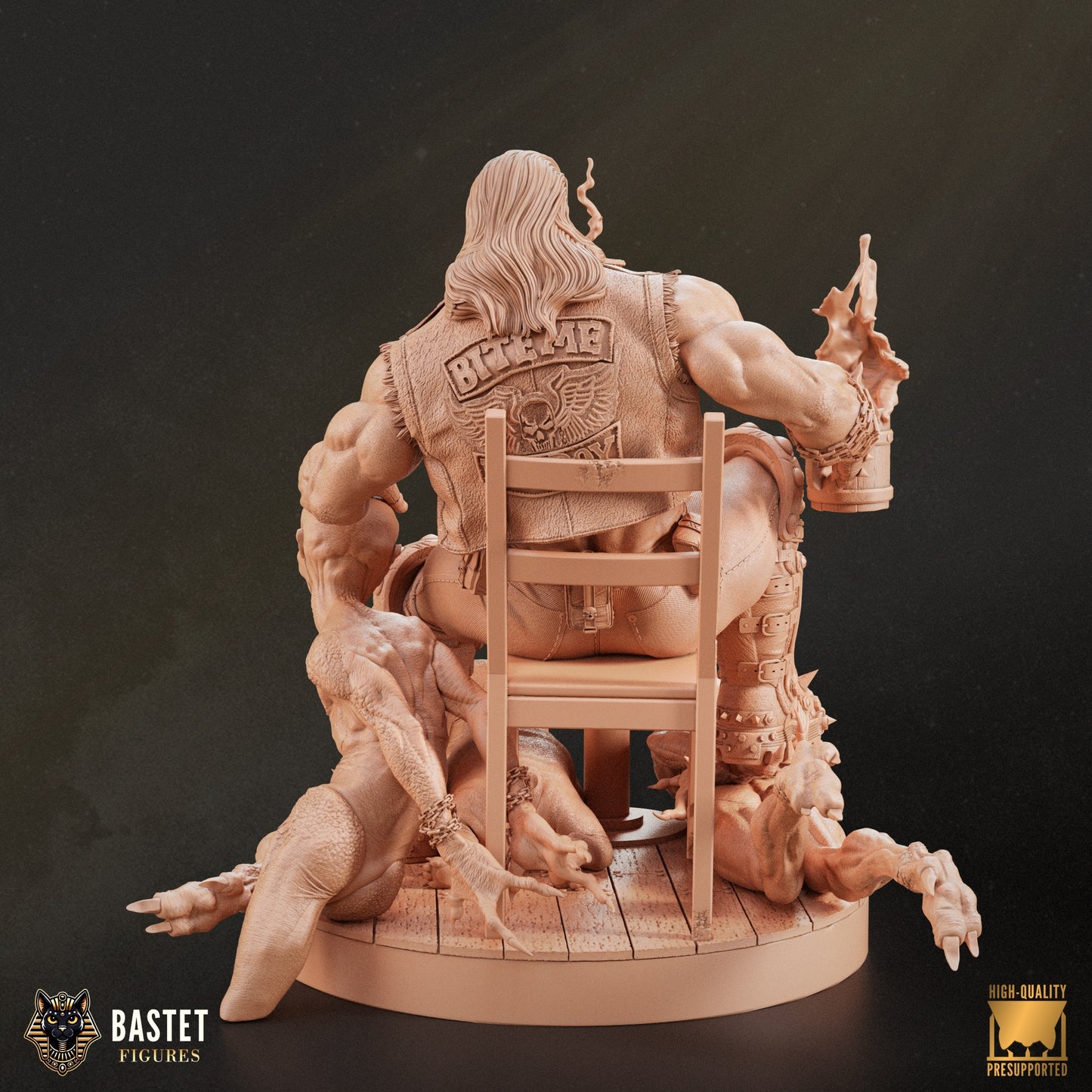 LoboClay4.jpg – Full rear view of seated Lobo showing “BITE ME” vest patch and surrounding defeated figures.