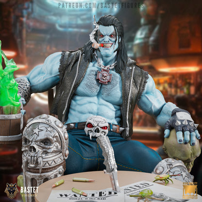 Painted version of full figure showing Lobo at a bar with glowing green beer, scarred expression, and extreme detail across the display.