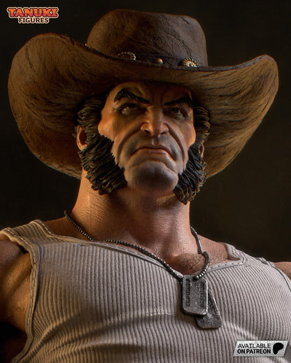 Close-up of Logan's face with cowboy hat, emphasizing detailed facial hair and expression.