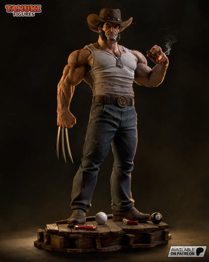 Logan with cowboy hat variant, same pose with cigar and claws extended, detailed base with shotgun shells and billiard balls.