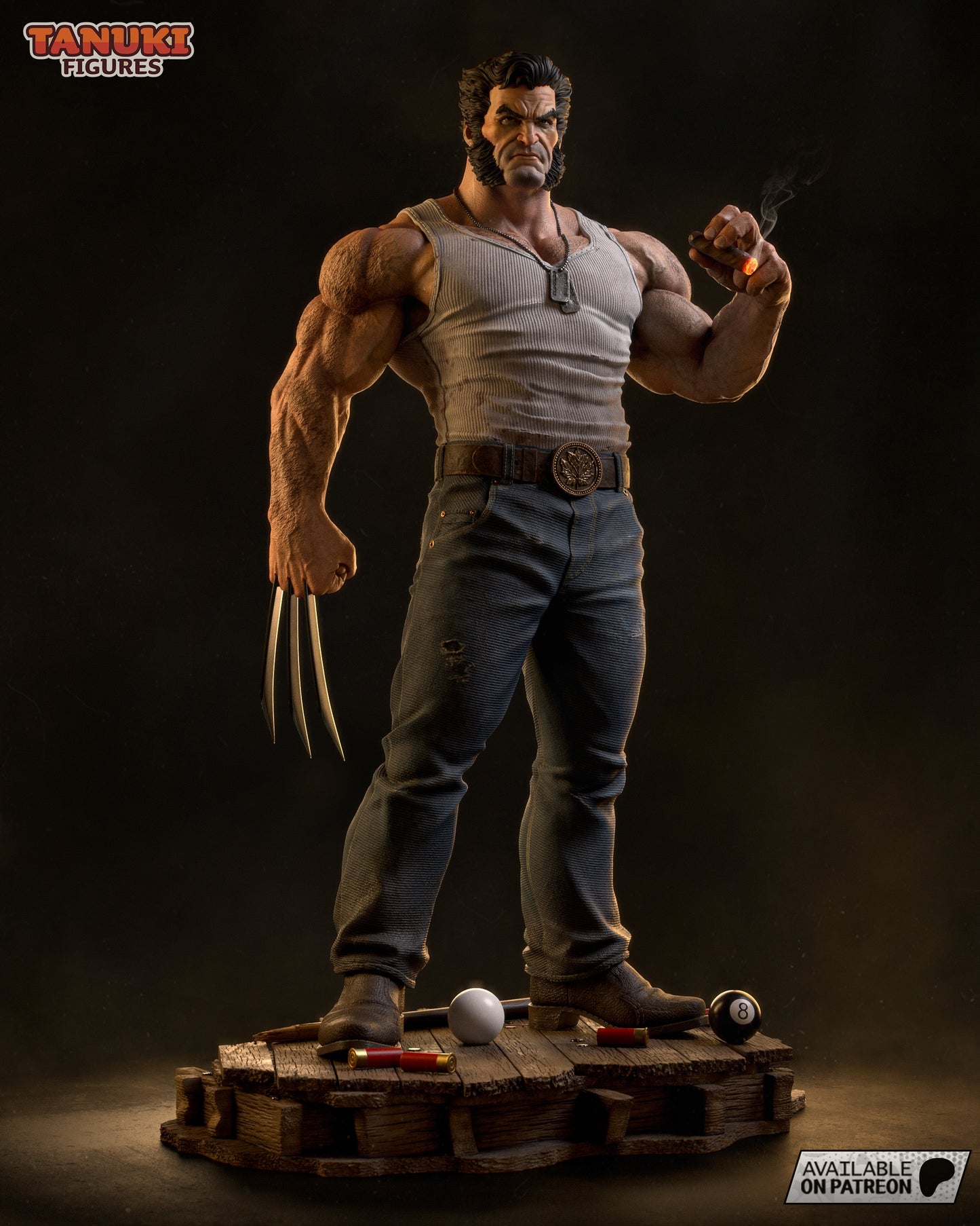 Front view of Logan collectible figure, standing with one clawed hand raised and a cigar in the other, posed on a wooden bar floor base.