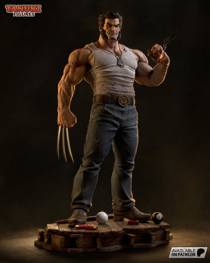 Front view of Logan collectible figure, standing with one clawed hand raised and a cigar in the other, posed on a wooden bar floor base.