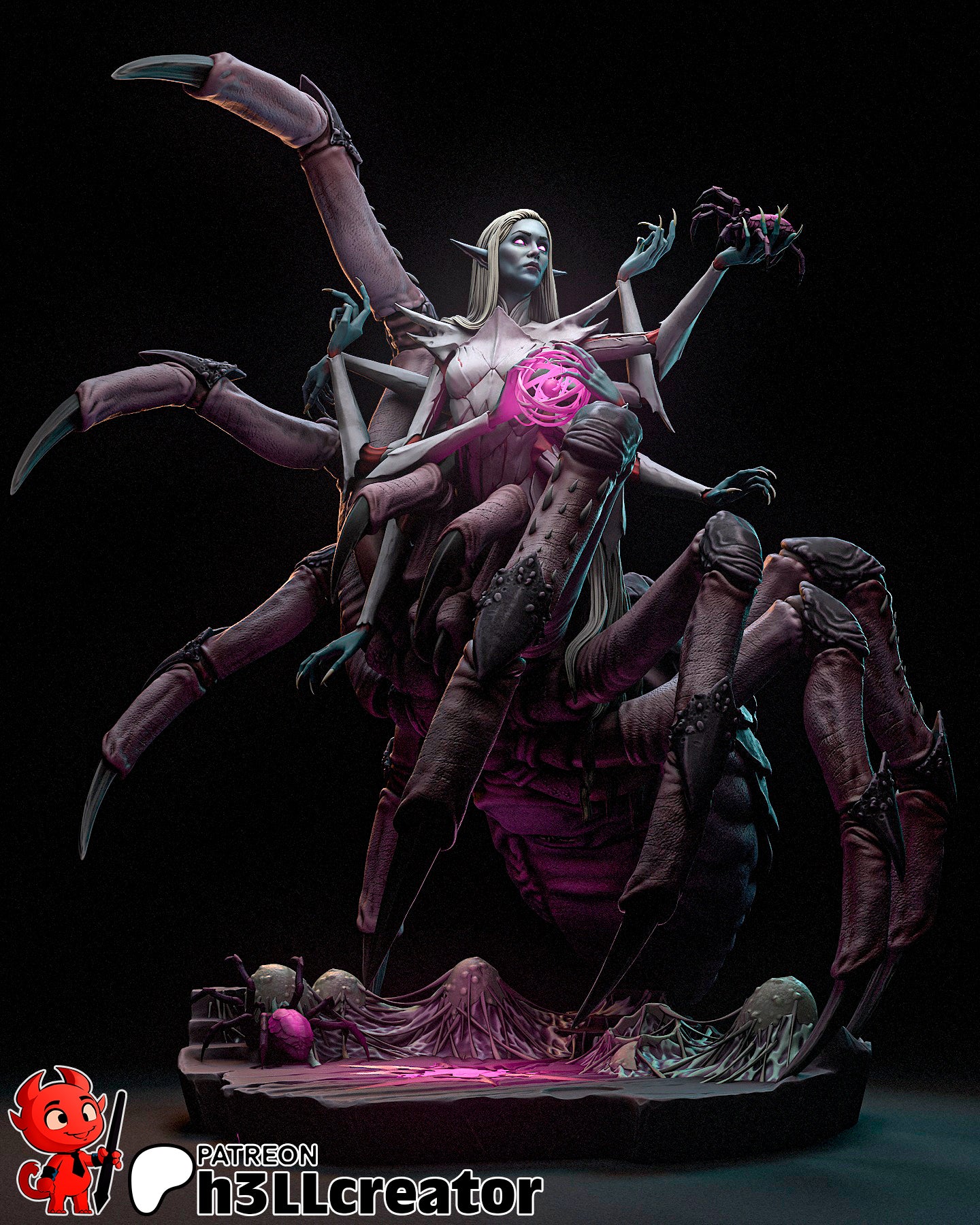 Lolth full figure collectible posed with six spider legs and multiple arms, holding a glowing orb and spider.