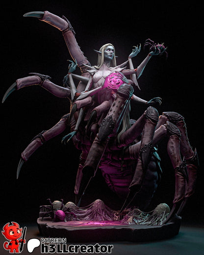 Lolth full figure collectible posed with six spider legs and multiple arms, holding a glowing orb and spider.