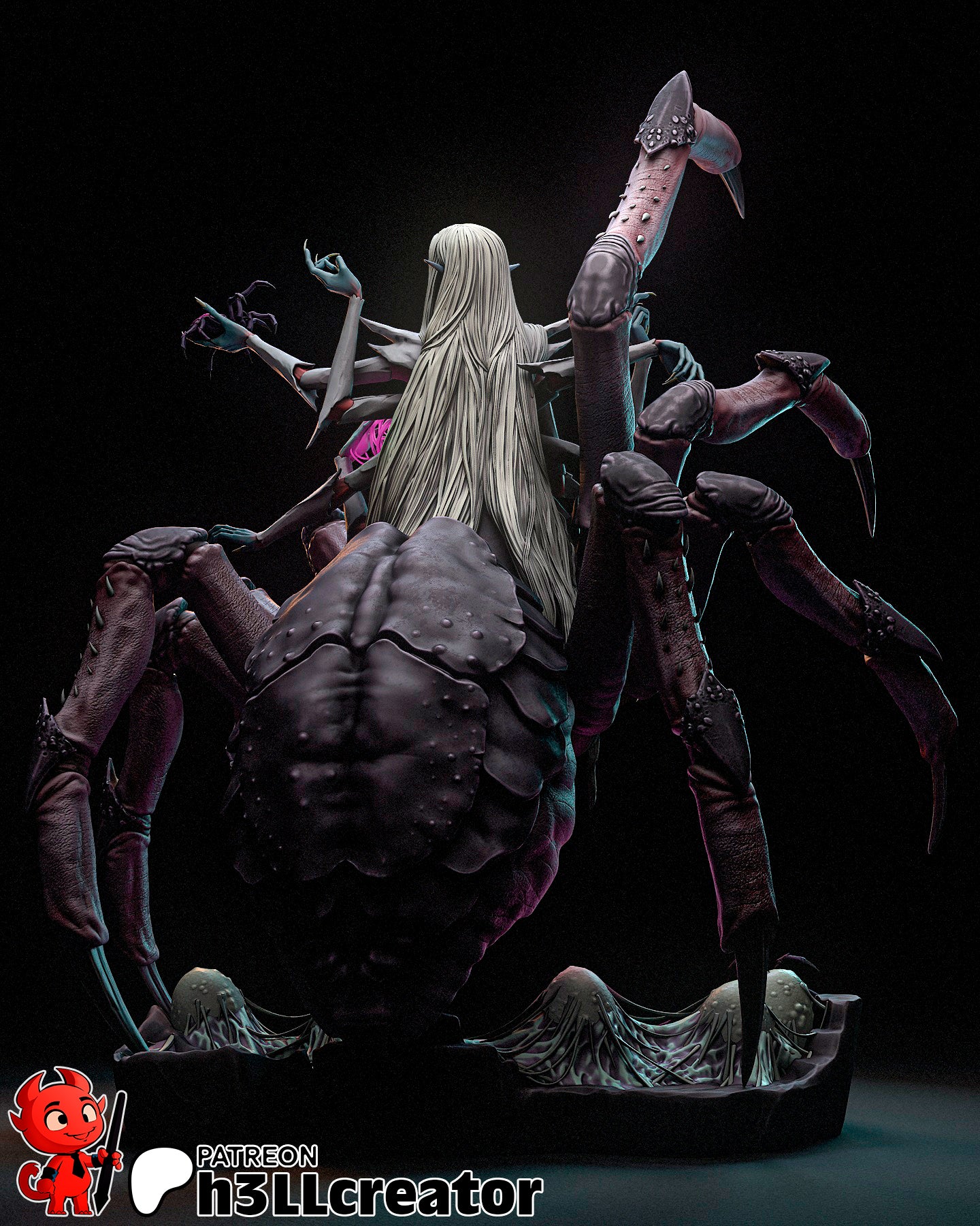 Rear view of Lolth’s spider abdomen and long flowing hair, with spider web base and egg sacs.