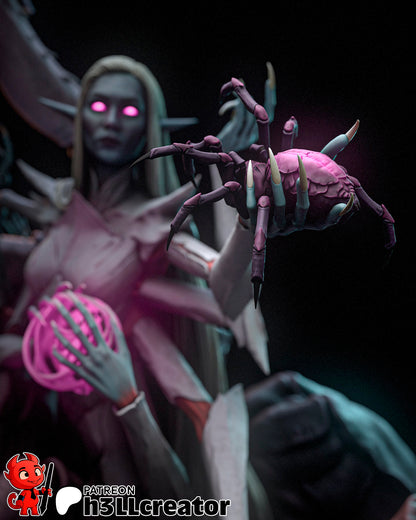 Close-up of Lolth’s extended arm offering a spider forward, with glowing magic in the other hand.