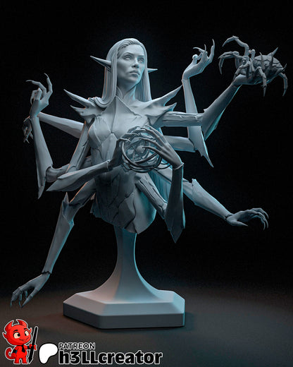 Lolth bust version with dark elf features, spell orb, and raised spider in her hand.