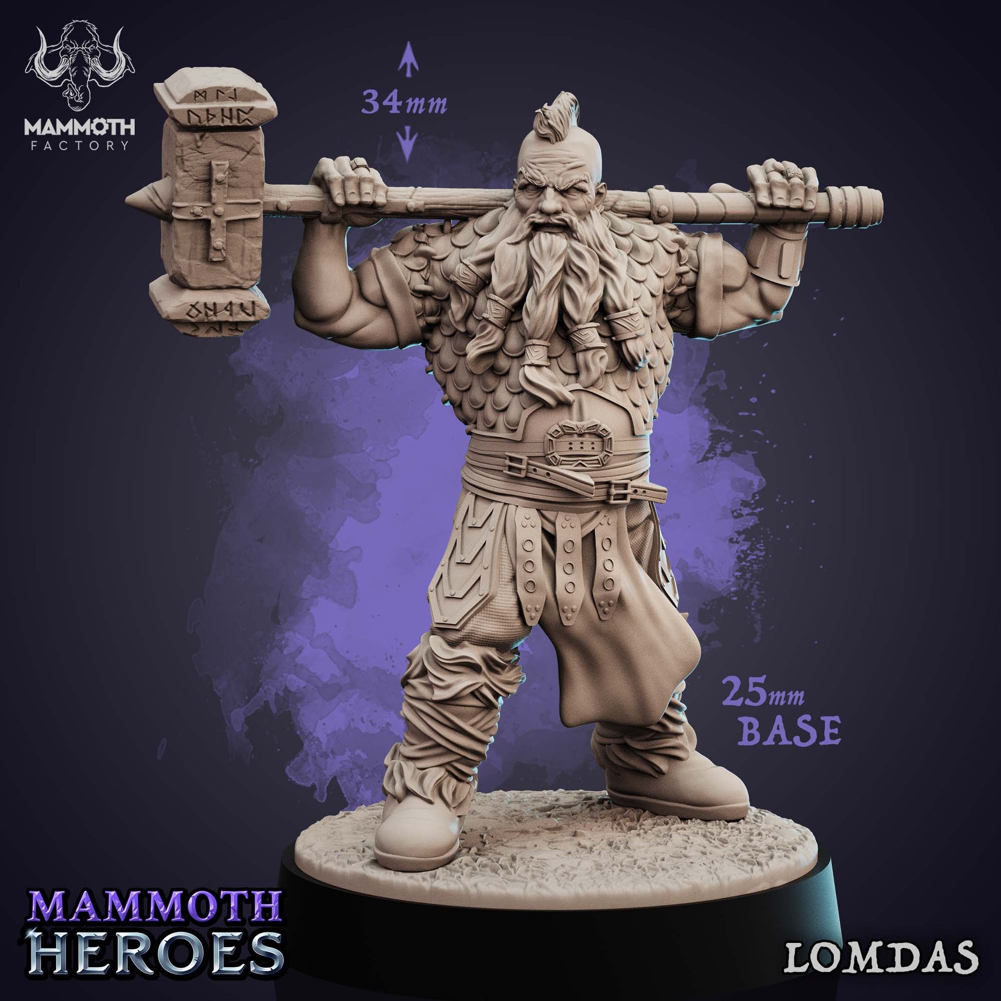 Lomdas miniature showing male dwarf barbarian holding large rune-etched warhammer over shoulders, wearing scale armor and detailed belt, with long beard and mohawk hairstyle, standing ready for battle on a textured base for DnD and Pathfinder.