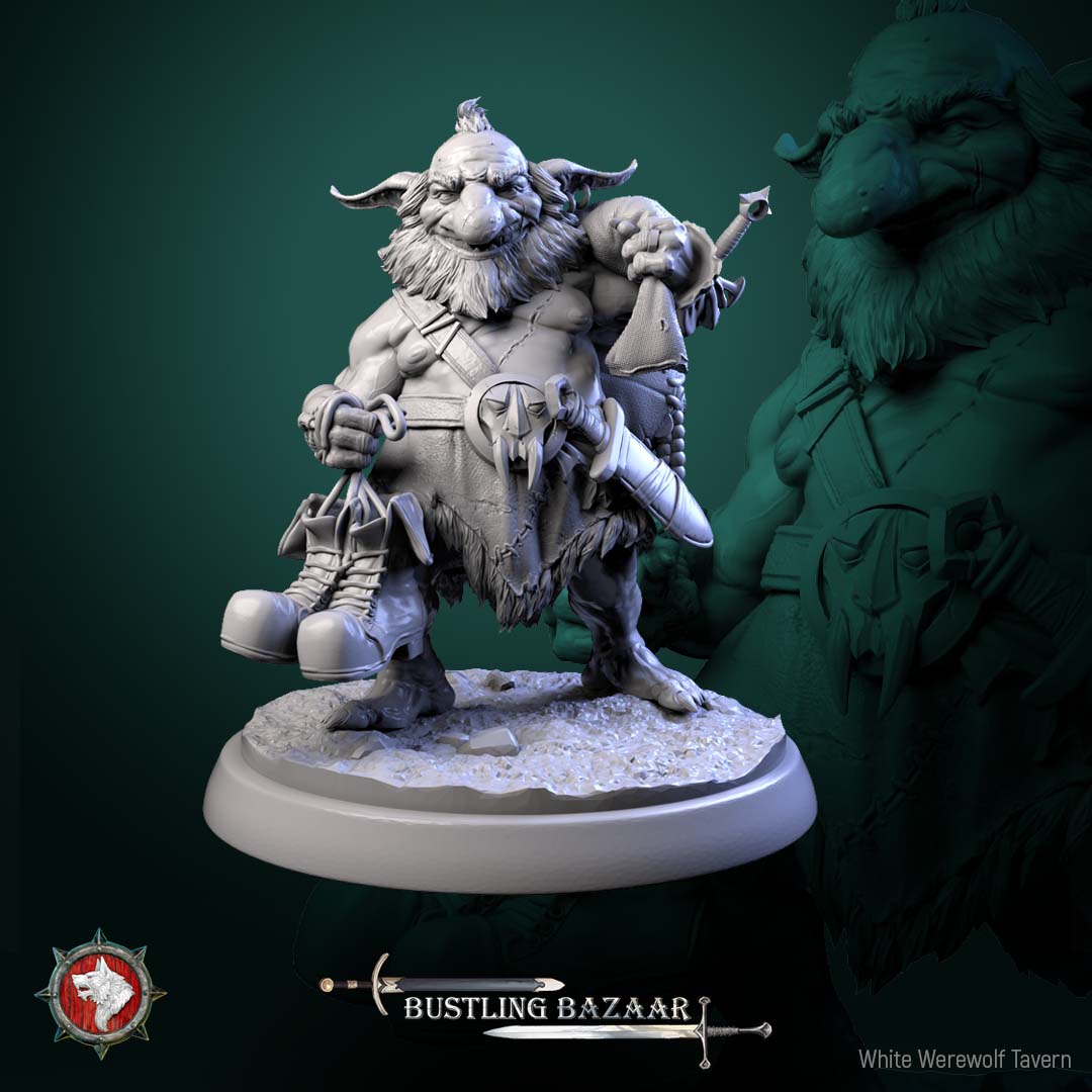 Loot Goblin dungeon monster miniature standing pose carrying stolen boots weapons and trinkets Bustling Bazaar