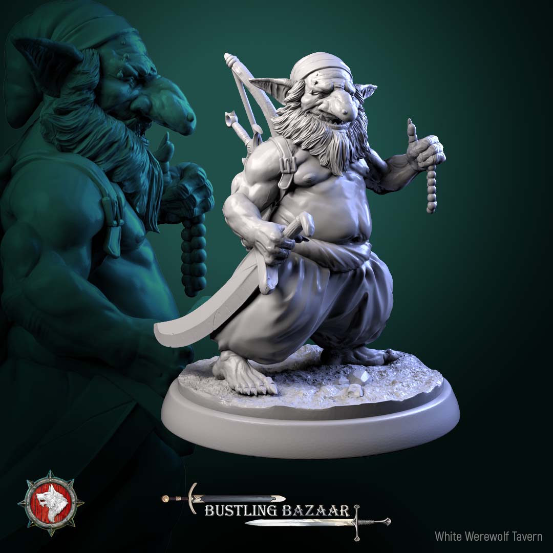 Loot Goblin dungeon monster miniature bearded goblin wielding curved sword and pearl necklace traveling thief Bustling Bazaar