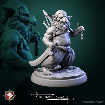 Loot Goblin dungeon monster miniature bearded goblin wielding curved sword and pearl necklace traveling thief Bustling Bazaar