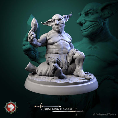 Loot Goblin dungeon monster miniature seated pose holding large gemstone greedy goblin fantasy RPG enemy Bustling Bazaar