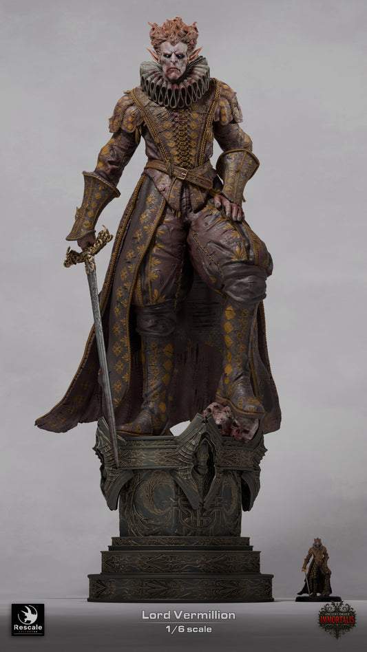 Lord Vermillion 1:6 scale collector statue full-body view standing on an ornate pedestal with long sword, elaborate noble garments, and vampire features; designed for fantasy collectible display inspired by TTRPG vampire lords.