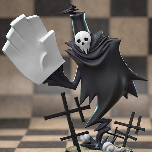 Lord Death collectible figure from Soul Eater in 1:12 scale, featuring a ghostly cloak, large glove-shaped hand, skull mask, and graveyard base with crosses.