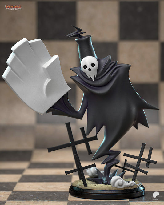 Lord Death collectible figure from Soul Eater in 1:12 scale, featuring a ghostly cloak, large glove-shaped hand, skull mask, and graveyard base with crosses.