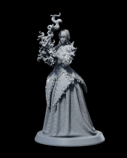 Mage miniature Lorena Jenn in a detailed robe with swirling magic tendrils.